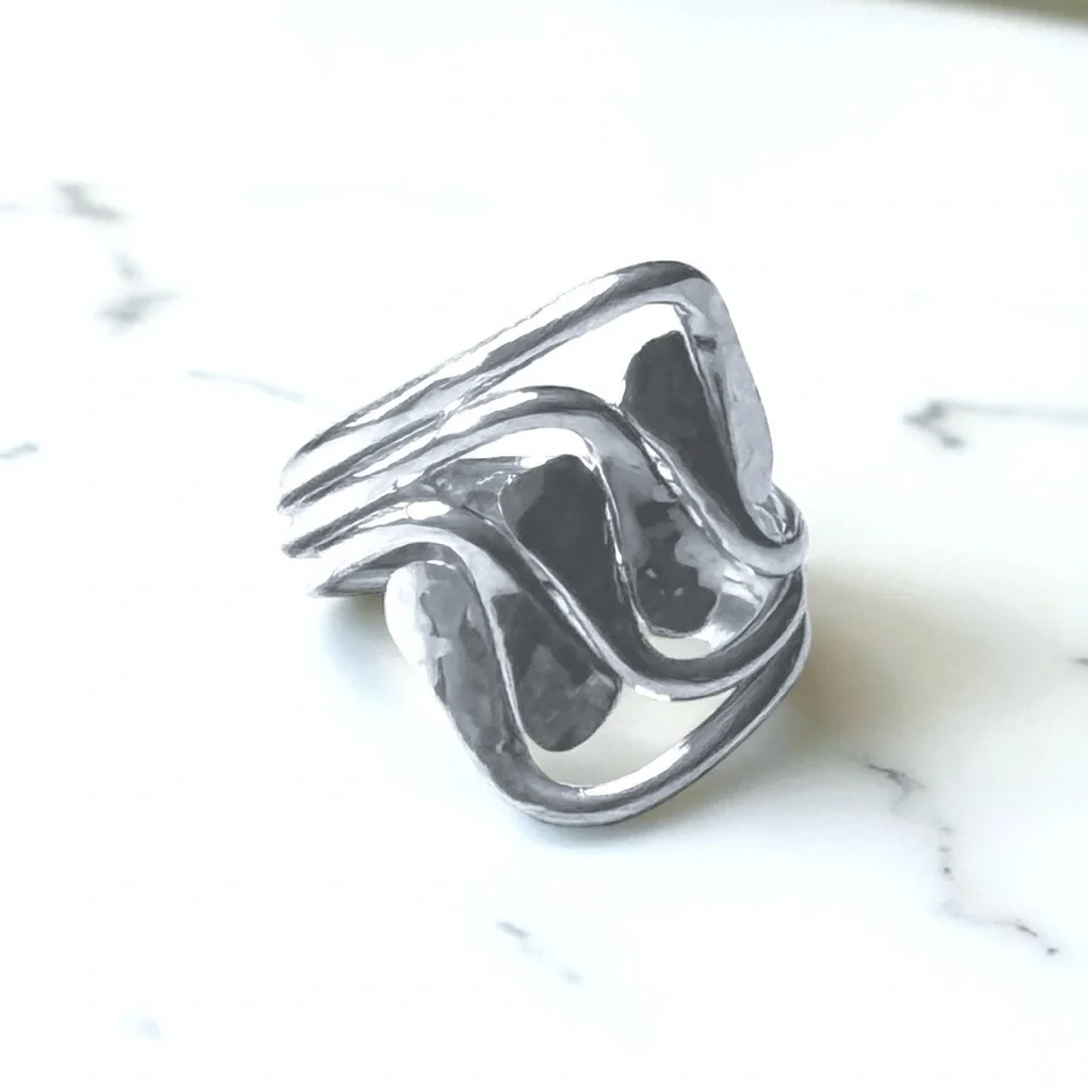 Sterling Silver 925 Artisan Triple Band Hammered Statement Ring